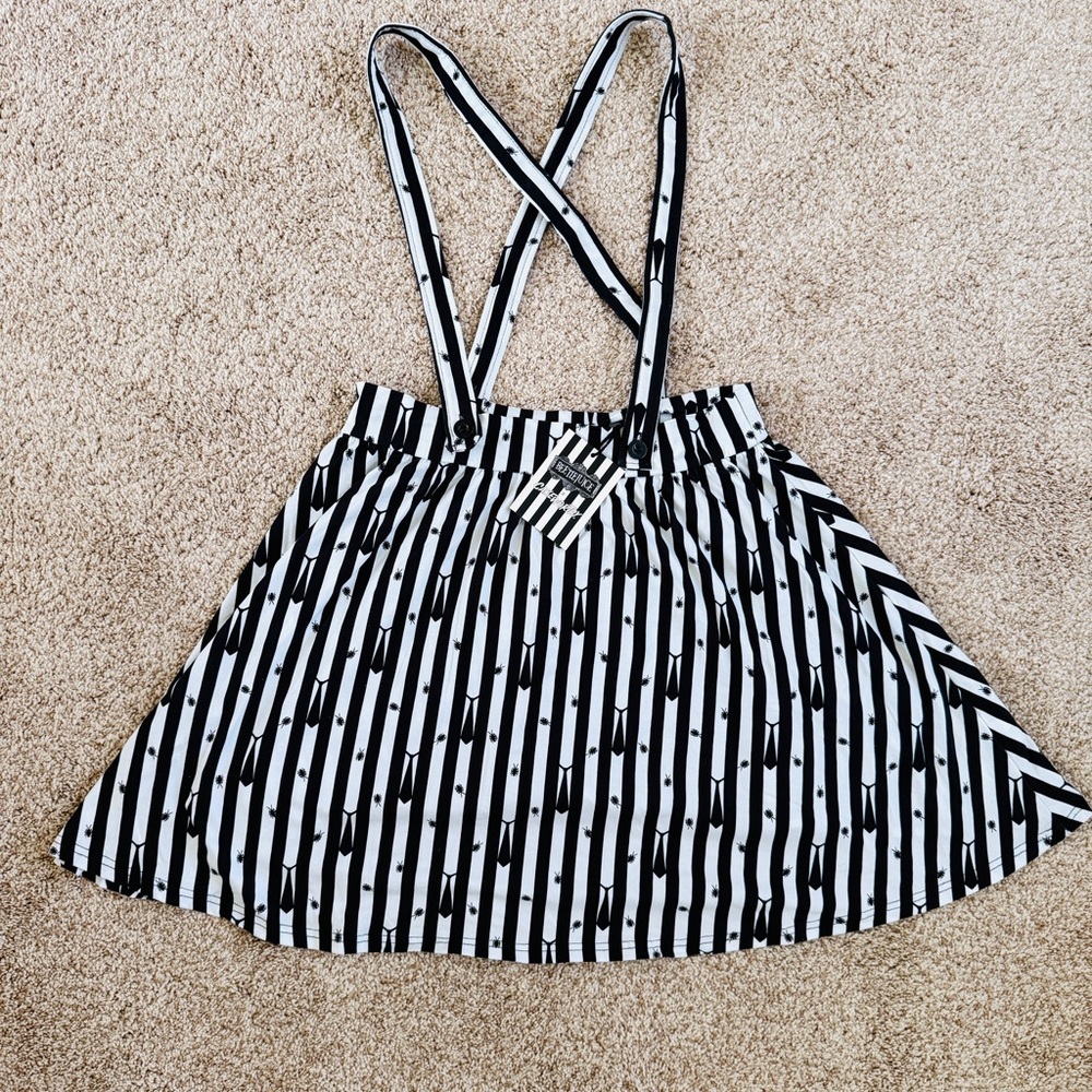 NWT Cakeworthy Beetlejuice Black and White Striped Skirt with Suspenders